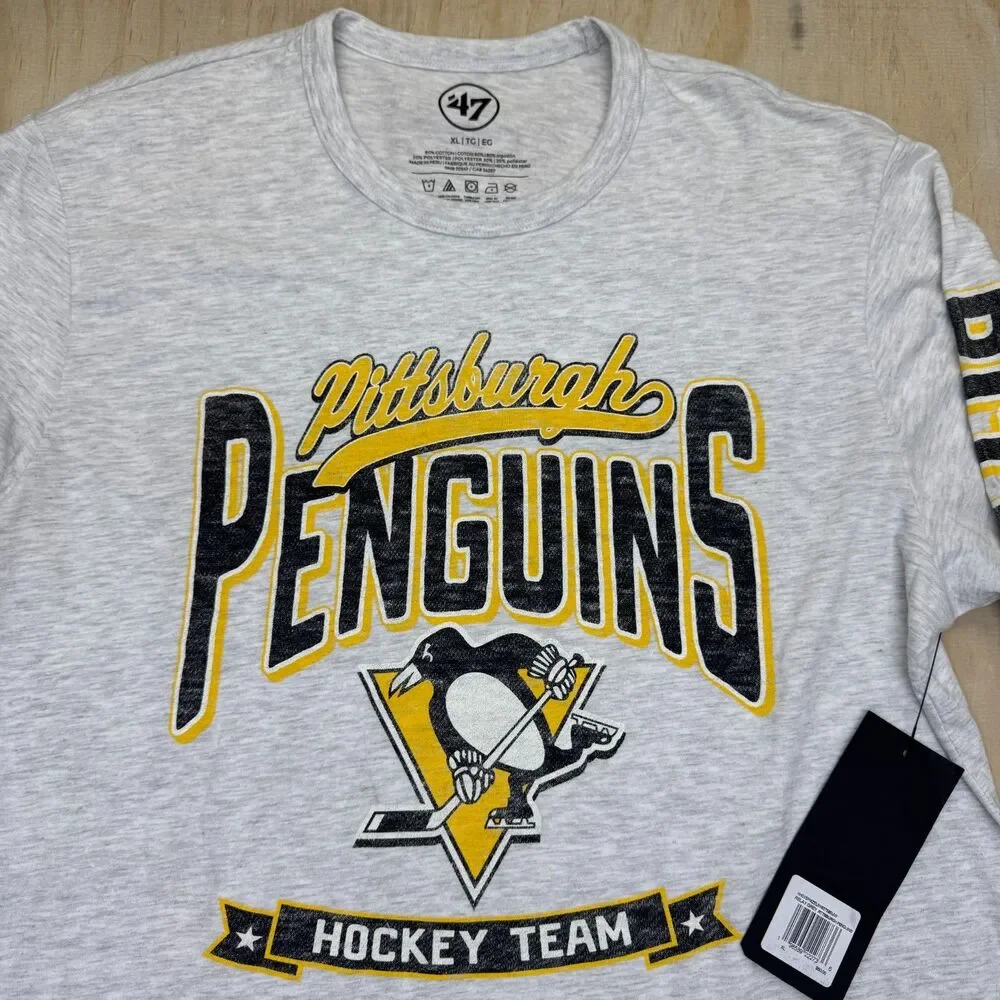 NEW Pittsburgh Penguins '47 Brand Long Sleeve Relay Shirt Cotton Gray SLIM Sz XL